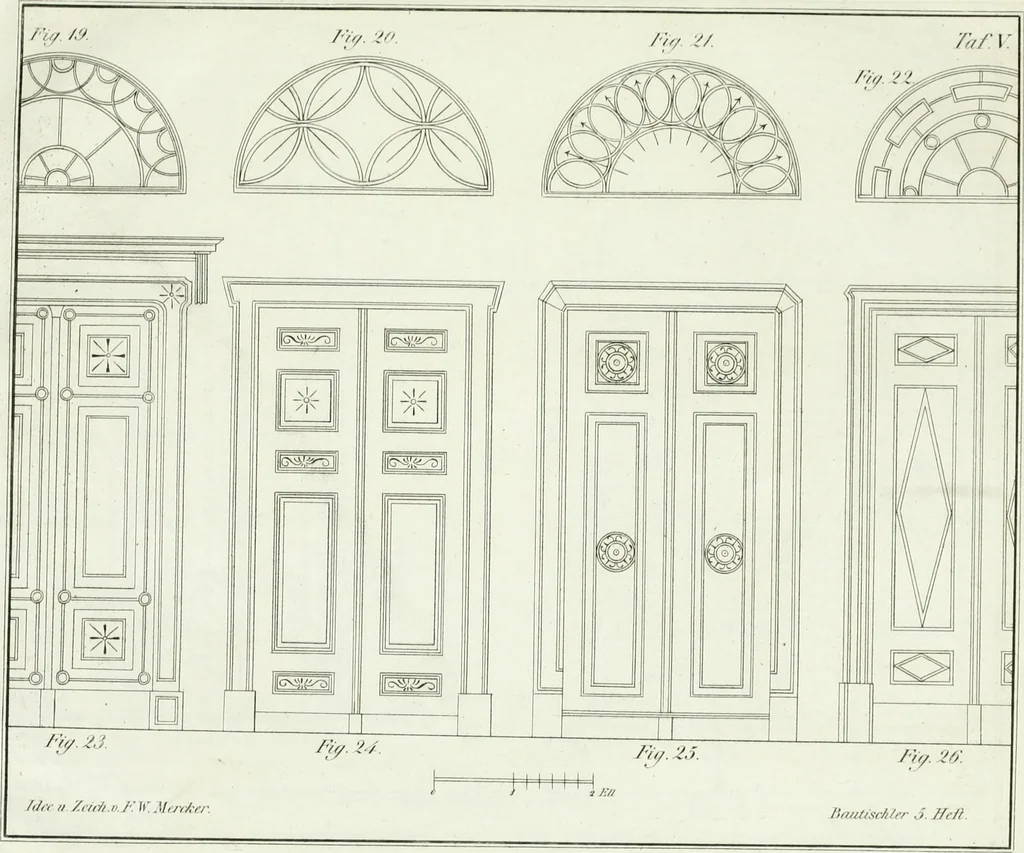 An illustration from Die Mappe des Bautischlers : oder, Ideen zu Thorwegen, Hausthüren, Doppelthüren, Vorsetzern, Stubenthüren, Gewölbethüren, Glasthüren, Bogen- und andern Fenstern, mit ihrem vergrössert dargestellten Grund- und Profilriss und dem beigefügten Maassstabe : zum Gebrauche für Architecten, Decorateurs, Baugewerken, Tischler, Glaser, Bildhauer und Freunde der Baukunst : mit besonderer Rücksicht auf leichte Ausführbarkeit der im Praktischen oft schwer zu hebenden Schwierigkeiten und auf die Anwendung bei alten, neu zu decorirenden Gebäuden : auch als Vorlegeblätter anwendbar, 1832, leaf 12