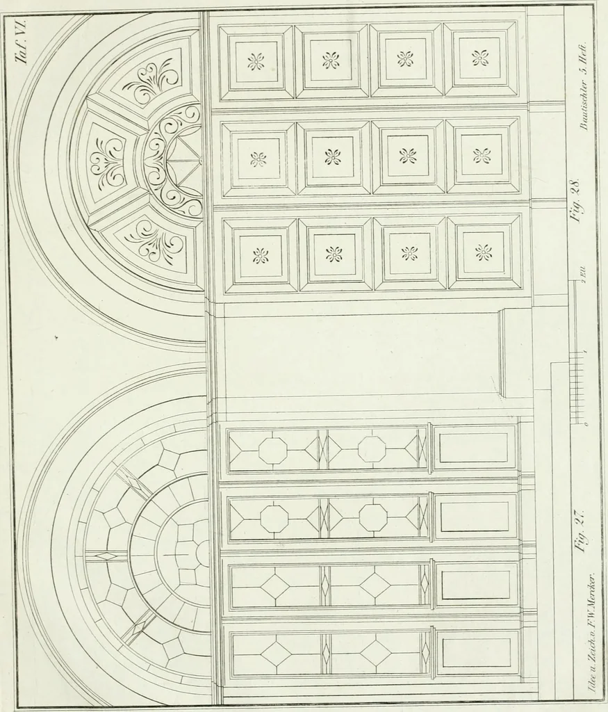 An illustration from Die Mappe des Bautischlers : oder, Ideen zu Thorwegen, Hausthüren, Doppelthüren, Vorsetzern, Stubenthüren, Gewölbethüren, Glasthüren, Bogen- und andern Fenstern, mit ihrem vergrössert dargestellten Grund- und Profilriss und dem beigefügten Maassstabe : zum Gebrauche für Architecten, Decorateurs, Baugewerken, Tischler, Glaser, Bildhauer und Freunde der Baukunst : mit besonderer Rücksicht auf leichte Ausführbarkeit der im Praktischen oft schwer zu hebenden Schwierigkeiten und auf die Anwendung bei alten, neu zu decorirenden Gebäuden : auch als Vorlegeblätter anwendbar, 1832, leaf 14