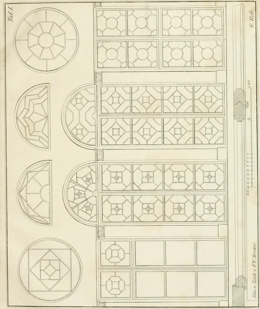 An illustration from Die Mappe des Bautischlers : oder, Ideen zu Thorwegen, Hausthüren, Doppelthüren, Vorsetzern, Stubenthüren, Gewölbethüren, Glasthüren, Bogen- und andern Fenstern, mit ihrem vergrössert dargestellten Grund- und Profilriss und dem beigefügten Maassstabe : zum Gebrauche für Architecten, Decorateurs, Baugewerken, Tischler, Glaser, Bildhauer und Freunde der Baukunst : mit besonderer Rücksicht auf leichte Ausführbarkeit der im Praktischen oft schwer zu hebenden Schwierigkeiten und auf die Anwendung bei alten, neu zu decorirenden Gebäuden : auch als Vorlegeblätter anwendbar, 1832, leaf 20