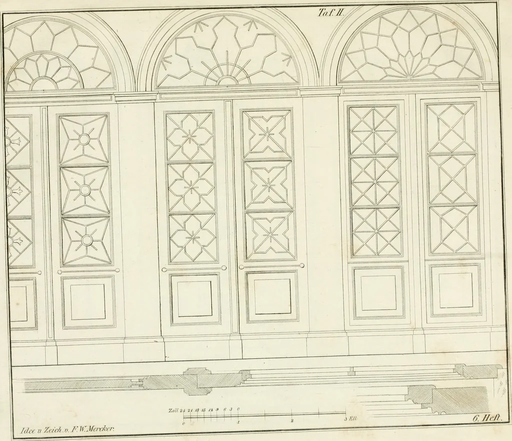 An illustration from Die Mappe des Bautischlers : oder, Ideen zu Thorwegen, Hausthüren, Doppelthüren, Vorsetzern, Stubenthüren, Gewölbethüren, Glasthüren, Bogen- und andern Fenstern, mit ihrem vergrössert dargestellten Grund- und Profilriss und dem beigefügten Maassstabe : zum Gebrauche für Architecten, Decorateurs, Baugewerken, Tischler, Glaser, Bildhauer und Freunde der Baukunst : mit besonderer Rücksicht auf leichte Ausführbarkeit der im Praktischen oft schwer zu hebenden Schwierigkeiten und auf die Anwendung bei alten, neu zu decorirenden Gebäuden : auch als Vorlegeblätter anwendbar, 1832, leaf 22