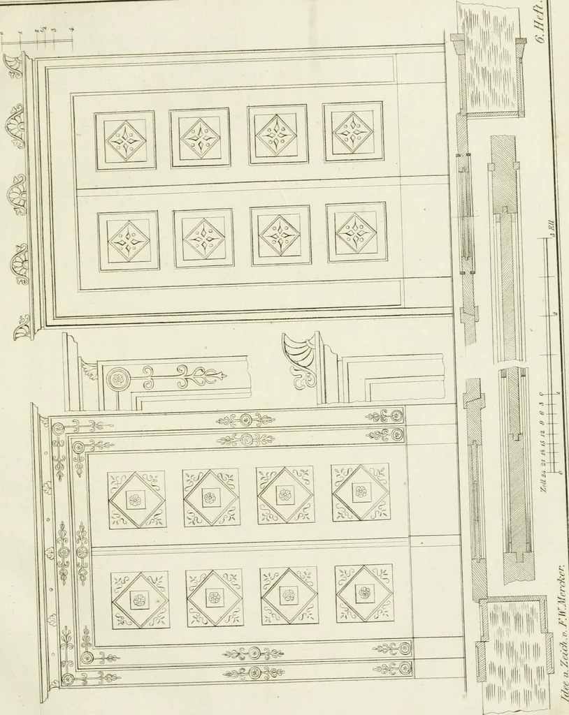 An illustration from Die Mappe des Bautischlers : oder, Ideen zu Thorwegen, Hausthüren, Doppelthüren, Vorsetzern, Stubenthüren, Gewölbethüren, Glasthüren, Bogen- und andern Fenstern, mit ihrem vergrössert dargestellten Grund- und Profilriss und dem beigefügten Maassstabe : zum Gebrauche für Architecten, Decorateurs, Baugewerken, Tischler, Glaser, Bildhauer und Freunde der Baukunst : mit besonderer Rücksicht auf leichte Ausführbarkeit der im Praktischen oft schwer zu hebenden Schwierigkeiten und auf die Anwendung bei alten, neu zu decorirenden Gebäuden : auch als Vorlegeblätter anwendbar, 1832, leaf 26
