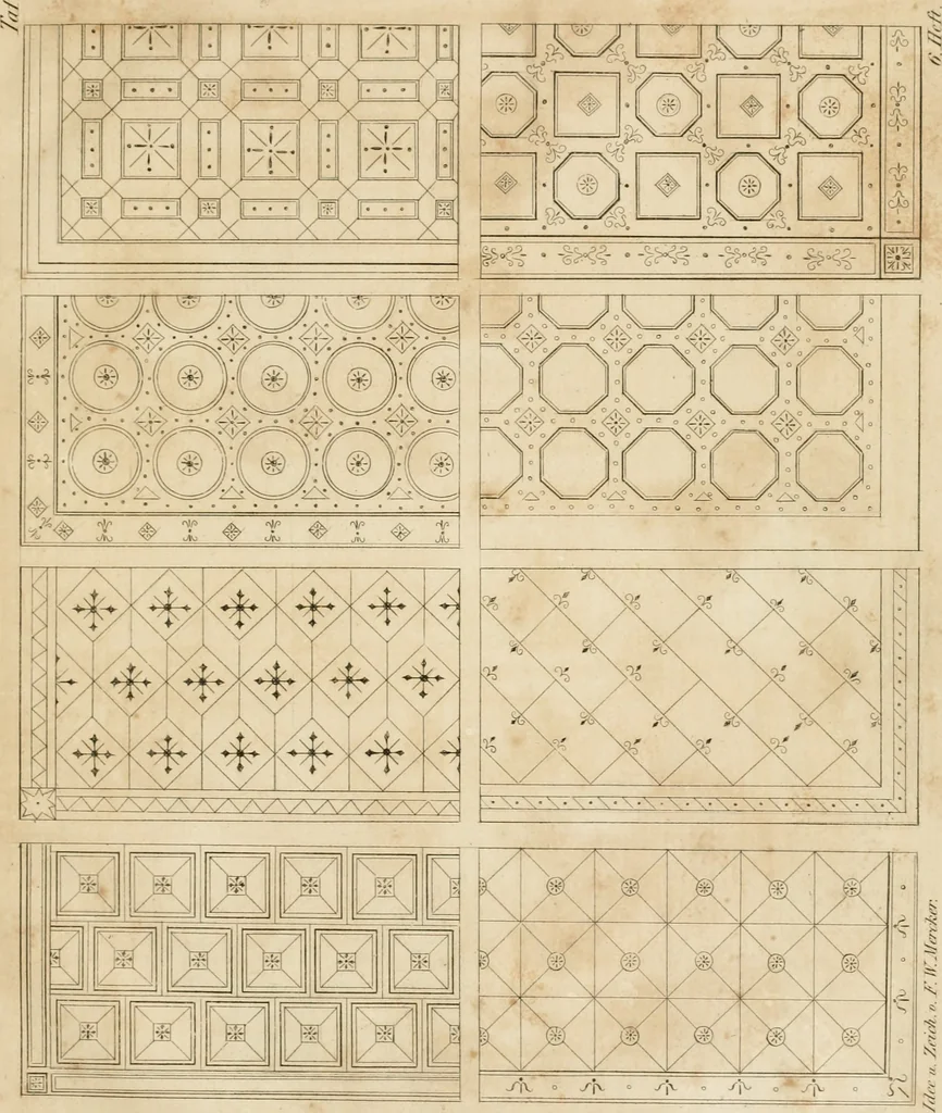 An illustration from Die Mappe des Bautischlers : oder, Ideen zu Thorwegen, Hausthüren, Doppelthüren, Vorsetzern, Stubenthüren, Gewölbethüren, Glasthüren, Bogen- und andern Fenstern, mit ihrem vergrössert dargestellten Grund- und Profilriss und dem beigefügten Maassstabe : zum Gebrauche für Architecten, Decorateurs, Baugewerken, Tischler, Glaser, Bildhauer und Freunde der Baukunst : mit besonderer Rücksicht auf leichte Ausführbarkeit der im Praktischen oft schwer zu hebenden Schwierigkeiten und auf die Anwendung bei alten, neu zu decorirenden Gebäuden : auch als Vorlegeblätter anwendbar, 1832, leaf 28