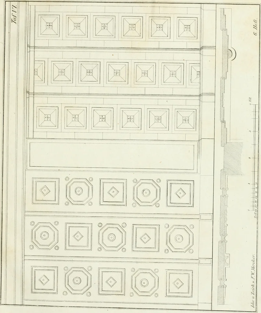 An illustration from Die Mappe des Bautischlers : oder, Ideen zu Thorwegen, Hausthüren, Doppelthüren, Vorsetzern, Stubenthüren, Gewölbethüren, Glasthüren, Bogen- und andern Fenstern, mit ihrem vergrössert dargestellten Grund- und Profilriss und dem beigefügten Maassstabe : zum Gebrauche für Architecten, Decorateurs, Baugewerken, Tischler, Glaser, Bildhauer und Freunde der Baukunst : mit besonderer Rücksicht auf leichte Ausführbarkeit der im Praktischen oft schwer zu hebenden Schwierigkeiten und auf die Anwendung bei alten, neu zu decorirenden Gebäuden : auch als Vorlegeblätter anwendbar, 1832, leaf 30