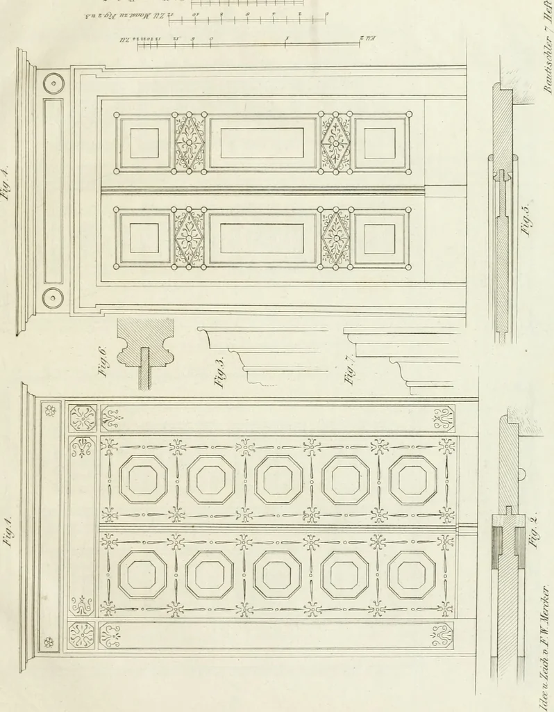 An illustration from Die Mappe des Bautischlers : oder, Ideen zu Thorwegen, Hausthüren, Doppelthüren, Vorsetzern, Stubenthüren, Gewölbethüren, Glasthüren, Bogen- und andern Fenstern, mit ihrem vergrössert dargestellten Grund- und Profilriss und dem beigefügten Maassstabe : zum Gebrauche für Architecten, Decorateurs, Baugewerken, Tischler, Glaser, Bildhauer und Freunde der Baukunst : mit besonderer Rücksicht auf leichte Ausführbarkeit der im Praktischen oft schwer zu hebenden Schwierigkeiten und auf die Anwendung bei alten, neu zu decorirenden Gebäuden : auch als Vorlegeblätter anwendbar, 1832, leaf 36