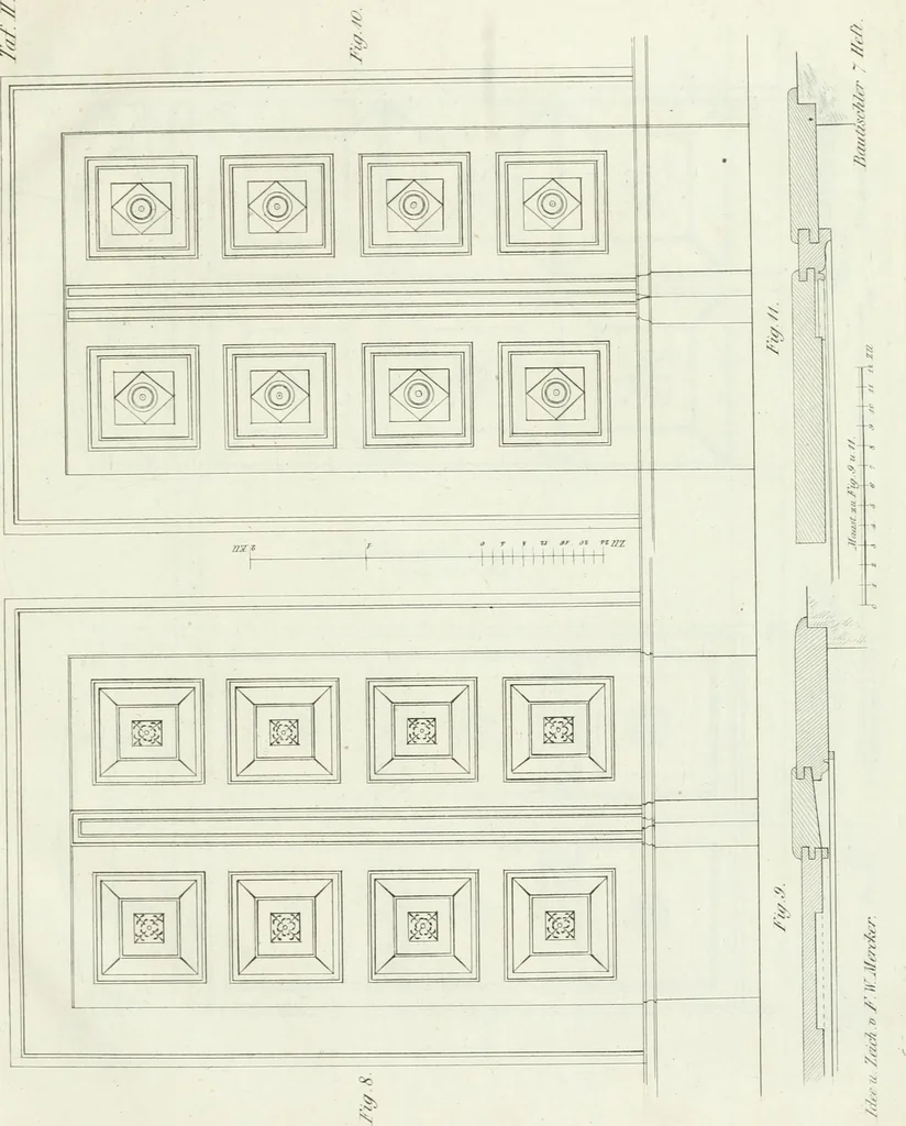 An illustration from Die Mappe des Bautischlers : oder, Ideen zu Thorwegen, Hausthüren, Doppelthüren, Vorsetzern, Stubenthüren, Gewölbethüren, Glasthüren, Bogen- und andern Fenstern, mit ihrem vergrössert dargestellten Grund- und Profilriss und dem beigefügten Maassstabe : zum Gebrauche für Architecten, Decorateurs, Baugewerken, Tischler, Glaser, Bildhauer und Freunde der Baukunst : mit besonderer Rücksicht auf leichte Ausführbarkeit der im Praktischen oft schwer zu hebenden Schwierigkeiten und auf die Anwendung bei alten, neu zu decorirenden Gebäuden : auch als Vorlegeblätter anwendbar, 1832, leaf 38