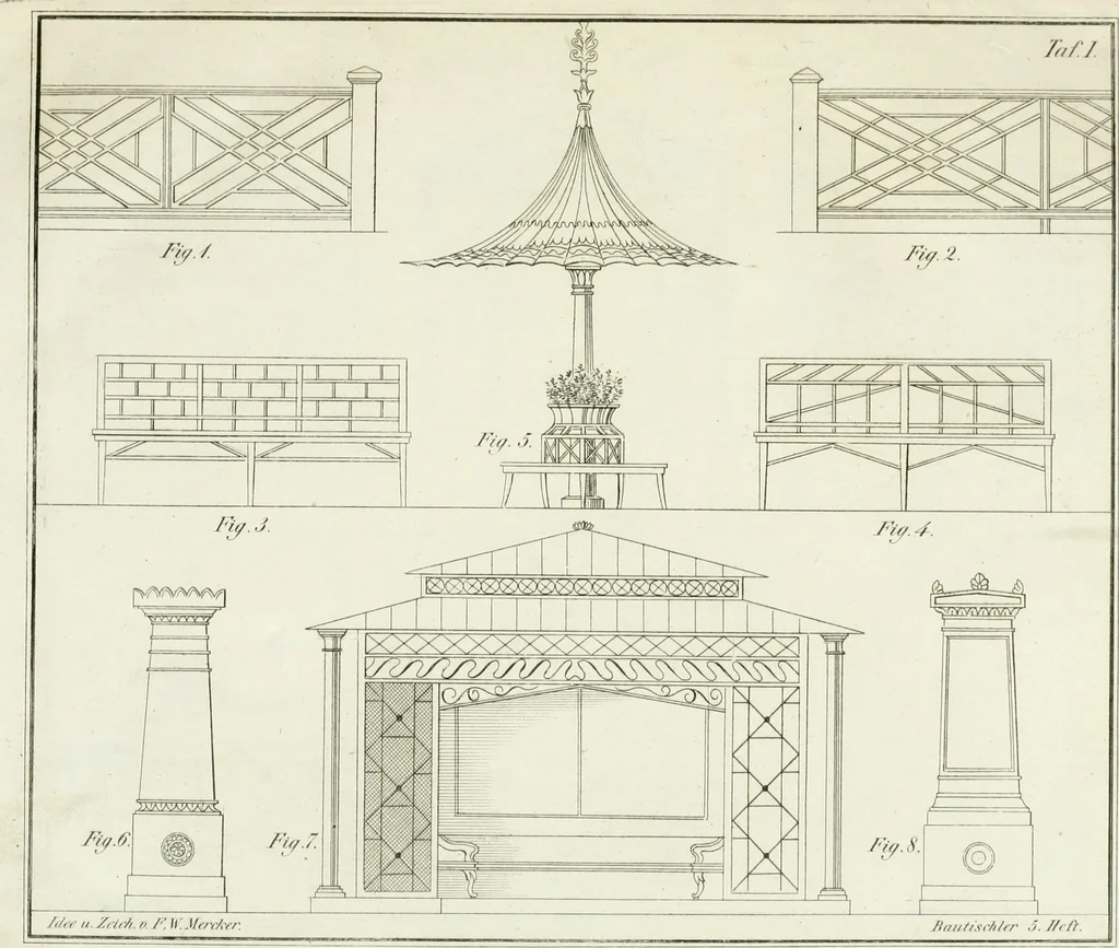 An illustration from Die Mappe des Bautischlers : oder, Ideen zu Thorwegen, Hausthüren, Doppelthüren, Vorsetzern, Stubenthüren, Gewölbethüren, Glasthüren, Bogen- und andern Fenstern, mit ihrem vergrössert dargestellten Grund- und Profilriss und dem beigefügten Maassstabe : zum Gebrauche für Architecten, Decorateurs, Baugewerken, Tischler, Glaser, Bildhauer und Freunde der Baukunst : mit besonderer Rücksicht auf leichte Ausführbarkeit der im Praktischen oft schwer zu hebenden Schwierigkeiten und auf die Anwendung bei alten, neu zu decorirenden Gebäuden : auch als Vorlegeblätter anwendbar, 1832, leaf 4