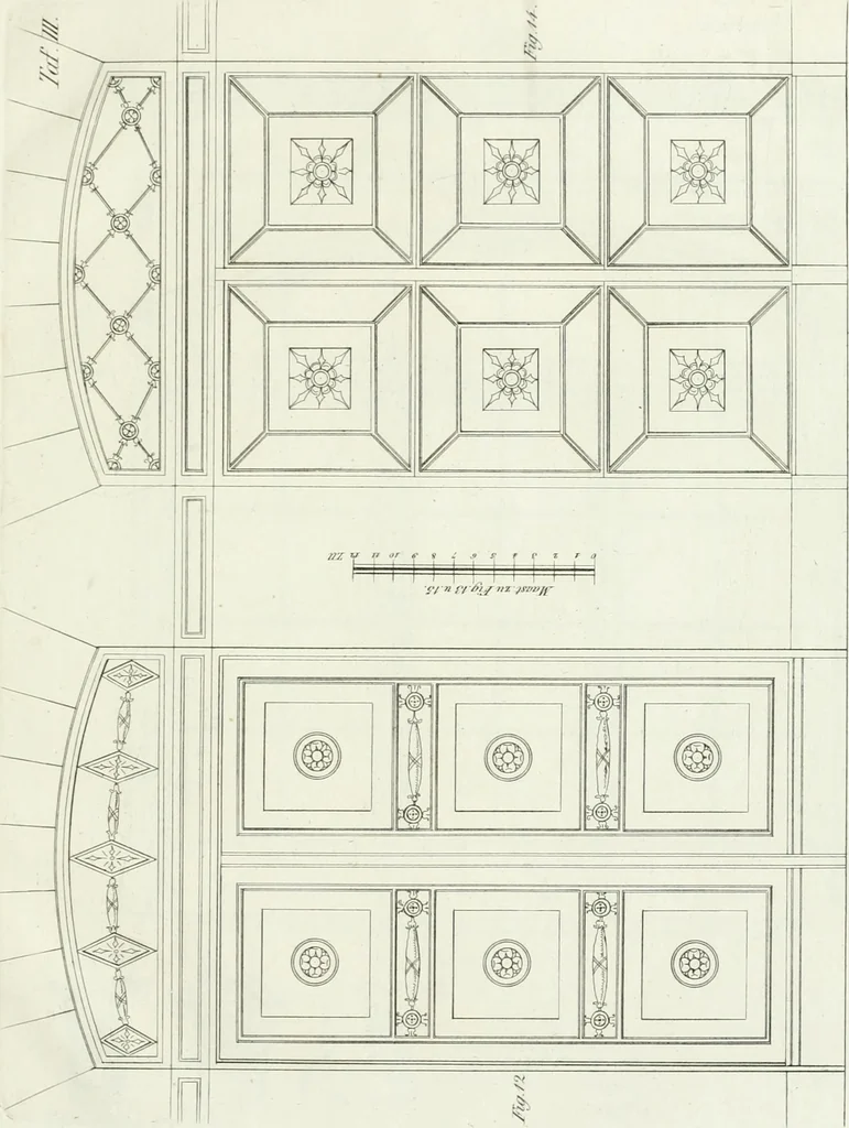 An illustration from Die Mappe des Bautischlers : oder, Ideen zu Thorwegen, Hausthüren, Doppelthüren, Vorsetzern, Stubenthüren, Gewölbethüren, Glasthüren, Bogen- und andern Fenstern, mit ihrem vergrössert dargestellten Grund- und Profilriss und dem beigefügten Maassstabe : zum Gebrauche für Architecten, Decorateurs, Baugewerken, Tischler, Glaser, Bildhauer und Freunde der Baukunst : mit besonderer Rücksicht auf leichte Ausführbarkeit der im Praktischen oft schwer zu hebenden Schwierigkeiten und auf die Anwendung bei alten, neu zu decorirenden Gebäuden : auch als Vorlegeblätter anwendbar, 1832, leaf 40