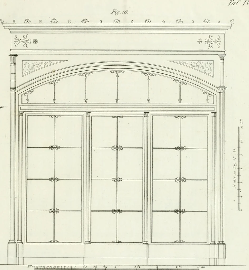 An illustration from Die Mappe des Bautischlers : oder, Ideen zu Thorwegen, Hausthüren, Doppelthüren, Vorsetzern, Stubenthüren, Gewölbethüren, Glasthüren, Bogen- und andern Fenstern, mit ihrem vergrössert dargestellten Grund- und Profilriss und dem beigefügten Maassstabe : zum Gebrauche für Architecten, Decorateurs, Baugewerken, Tischler, Glaser, Bildhauer und Freunde der Baukunst : mit besonderer Rücksicht auf leichte Ausführbarkeit der im Praktischen oft schwer zu hebenden Schwierigkeiten und auf die Anwendung bei alten, neu zu decorirenden Gebäuden : auch als Vorlegeblätter anwendbar, 1832, leaf 42