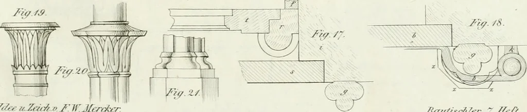 An illustration from Die Mappe des Bautischlers : oder, Ideen zu Thorwegen, Hausthüren, Doppelthüren, Vorsetzern, Stubenthüren, Gewölbethüren, Glasthüren, Bogen- und andern Fenstern, mit ihrem vergrössert dargestellten Grund- und Profilriss und dem beigefügten Maassstabe : zum Gebrauche für Architecten, Decorateurs, Baugewerken, Tischler, Glaser, Bildhauer und Freunde der Baukunst : mit besonderer Rücksicht auf leichte Ausführbarkeit der im Praktischen oft schwer zu hebenden Schwierigkeiten und auf die Anwendung bei alten, neu zu decorirenden Gebäuden : auch als Vorlegeblätter anwendbar, 1832, leaf 42