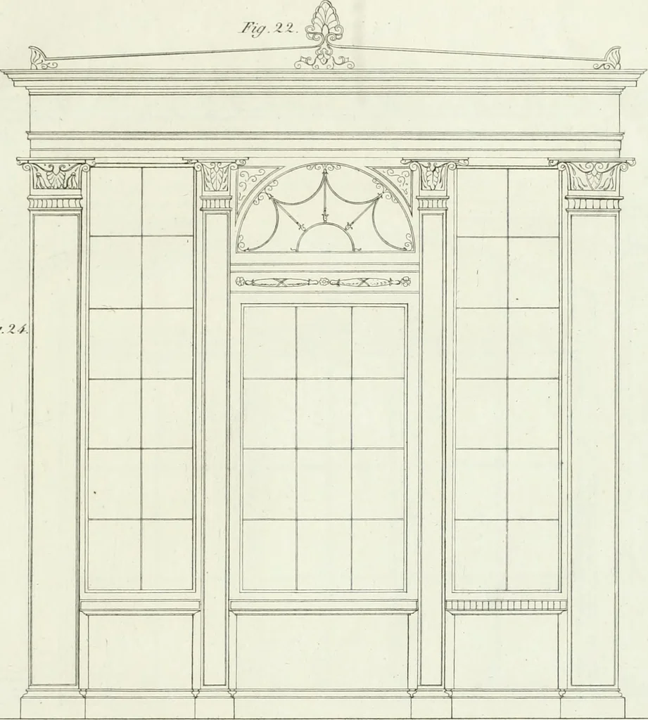An illustration from Die Mappe des Bautischlers : oder, Ideen zu Thorwegen, Hausthüren, Doppelthüren, Vorsetzern, Stubenthüren, Gewölbethüren, Glasthüren, Bogen- und andern Fenstern, mit ihrem vergrössert dargestellten Grund- und Profilriss und dem beigefügten Maassstabe : zum Gebrauche für Architecten, Decorateurs, Baugewerken, Tischler, Glaser, Bildhauer und Freunde der Baukunst : mit besonderer Rücksicht auf leichte Ausführbarkeit der im Praktischen oft schwer zu hebenden Schwierigkeiten und auf die Anwendung bei alten, neu zu decorirenden Gebäuden : auch als Vorlegeblätter anwendbar, 1832, leaf 44