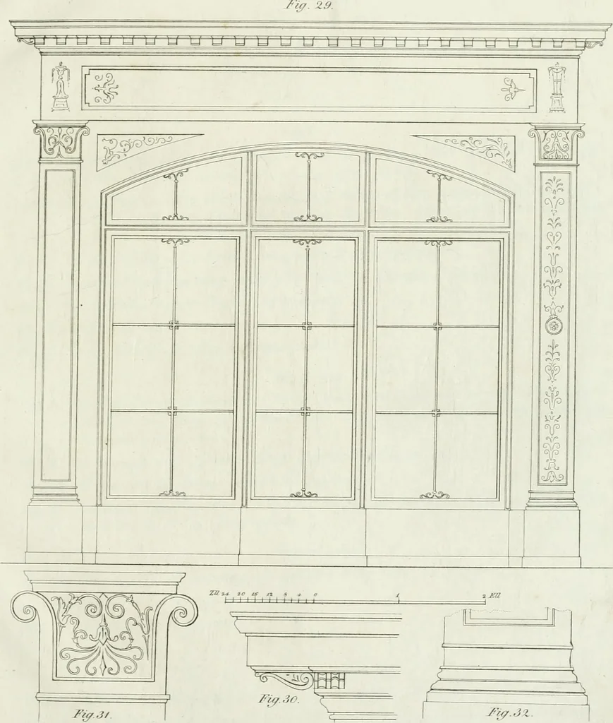 An illustration from Die Mappe des Bautischlers : oder, Ideen zu Thorwegen, Hausthüren, Doppelthüren, Vorsetzern, Stubenthüren, Gewölbethüren, Glasthüren, Bogen- und andern Fenstern, mit ihrem vergrössert dargestellten Grund- und Profilriss und dem beigefügten Maassstabe : zum Gebrauche für Architecten, Decorateurs, Baugewerken, Tischler, Glaser, Bildhauer und Freunde der Baukunst : mit besonderer Rücksicht auf leichte Ausführbarkeit der im Praktischen oft schwer zu hebenden Schwierigkeiten und auf die Anwendung bei alten, neu zu decorirenden Gebäuden : auch als Vorlegeblätter anwendbar, 1832, leaf 46