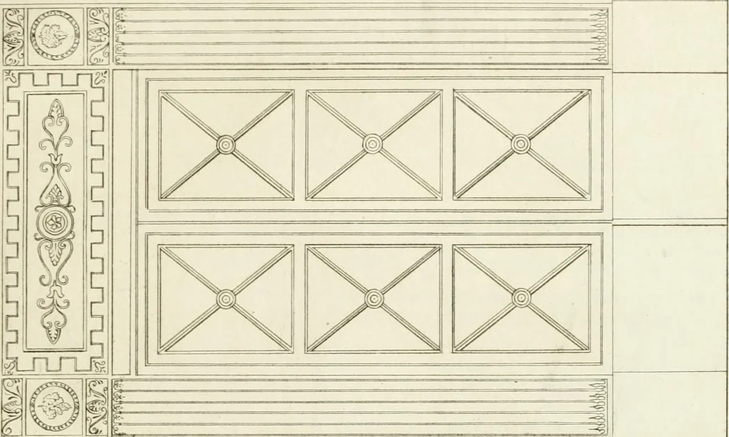 An illustration from Die Mappe des Bautischlers : oder, Ideen zu Thorwegen, Hausthüren, Doppelthüren, Vorsetzern, Stubenthüren, Gewölbethüren, Glasthüren, Bogen- und andern Fenstern, mit ihrem vergrössert dargestellten Grund- und Profilriss und dem beigefügten Maassstabe : zum Gebrauche für Architecten, Decorateurs, Baugewerken, Tischler, Glaser, Bildhauer und Freunde der Baukunst : mit besonderer Rücksicht auf leichte Ausführbarkeit der im Praktischen oft schwer zu hebenden Schwierigkeiten und auf die Anwendung bei alten, neu zu decorirenden Gebäuden : auch als Vorlegeblätter anwendbar, 1832, leaf 52