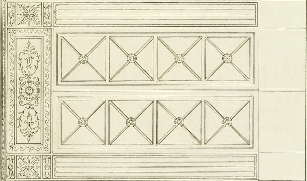 An illustration from Die Mappe des Bautischlers : oder, Ideen zu Thorwegen, Hausthüren, Doppelthüren, Vorsetzern, Stubenthüren, Gewölbethüren, Glasthüren, Bogen- und andern Fenstern, mit ihrem vergrössert dargestellten Grund- und Profilriss und dem beigefügten Maassstabe : zum Gebrauche für Architecten, Decorateurs, Baugewerken, Tischler, Glaser, Bildhauer und Freunde der Baukunst : mit besonderer Rücksicht auf leichte Ausführbarkeit der im Praktischen oft schwer zu hebenden Schwierigkeiten und auf die Anwendung bei alten, neu zu decorirenden Gebäuden : auch als Vorlegeblätter anwendbar, 1832, leaf 52