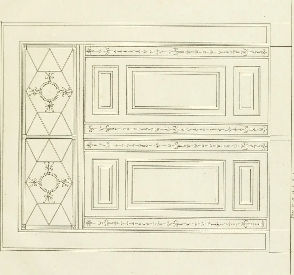 An illustration from Die Mappe des Bautischlers : oder, Ideen zu Thorwegen, Hausthüren, Doppelthüren, Vorsetzern, Stubenthüren, Gewölbethüren, Glasthüren, Bogen- und andern Fenstern, mit ihrem vergrössert dargestellten Grund- und Profilriss und dem beigefügten Maassstabe : zum Gebrauche für Architecten, Decorateurs, Baugewerken, Tischler, Glaser, Bildhauer und Freunde der Baukunst : mit besonderer Rücksicht auf leichte Ausführbarkeit der im Praktischen oft schwer zu hebenden Schwierigkeiten und auf die Anwendung bei alten, neu zu decorirenden Gebäuden : auch als Vorlegeblätter anwendbar, 1832, leaf 54
