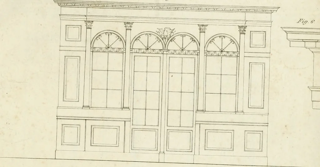 An illustration from Die Mappe des Bautischlers : oder, Ideen zu Thorwegen, Hausthüren, Doppelthüren, Vorsetzern, Stubenthüren, Gewölbethüren, Glasthüren, Bogen- und andern Fenstern, mit ihrem vergrössert dargestellten Grund- und Profilriss und dem beigefügten Maassstabe : zum Gebrauche für Architecten, Decorateurs, Baugewerken, Tischler, Glaser, Bildhauer und Freunde der Baukunst : mit besonderer Rücksicht auf leichte Ausführbarkeit der im Praktischen oft schwer zu hebenden Schwierigkeiten und auf die Anwendung bei alten, neu zu decorirenden Gebäuden : auch als Vorlegeblätter anwendbar, 1832, leaf 56