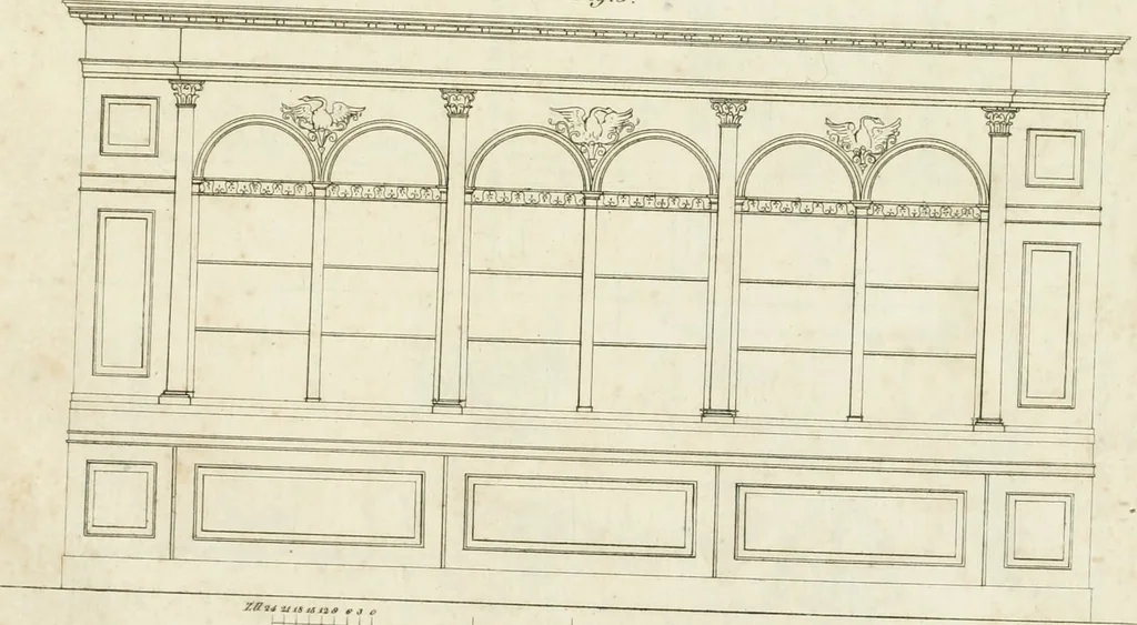An illustration from Die Mappe des Bautischlers : oder, Ideen zu Thorwegen, Hausthüren, Doppelthüren, Vorsetzern, Stubenthüren, Gewölbethüren, Glasthüren, Bogen- und andern Fenstern, mit ihrem vergrössert dargestellten Grund- und Profilriss und dem beigefügten Maassstabe : zum Gebrauche für Architecten, Decorateurs, Baugewerken, Tischler, Glaser, Bildhauer und Freunde der Baukunst : mit besonderer Rücksicht auf leichte Ausführbarkeit der im Praktischen oft schwer zu hebenden Schwierigkeiten und auf die Anwendung bei alten, neu zu decorirenden Gebäuden : auch als Vorlegeblätter anwendbar, 1832, leaf 56