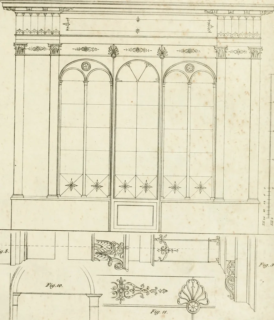 An illustration from Die Mappe des Bautischlers : oder, Ideen zu Thorwegen, Hausthüren, Doppelthüren, Vorsetzern, Stubenthüren, Gewölbethüren, Glasthüren, Bogen- und andern Fenstern, mit ihrem vergrössert dargestellten Grund- und Profilriss und dem beigefügten Maassstabe : zum Gebrauche für Architecten, Decorateurs, Baugewerken, Tischler, Glaser, Bildhauer und Freunde der Baukunst : mit besonderer Rücksicht auf leichte Ausführbarkeit der im Praktischen oft schwer zu hebenden Schwierigkeiten und auf die Anwendung bei alten, neu zu decorirenden Gebäuden : auch als Vorlegeblätter anwendbar, 1832, leaf 58