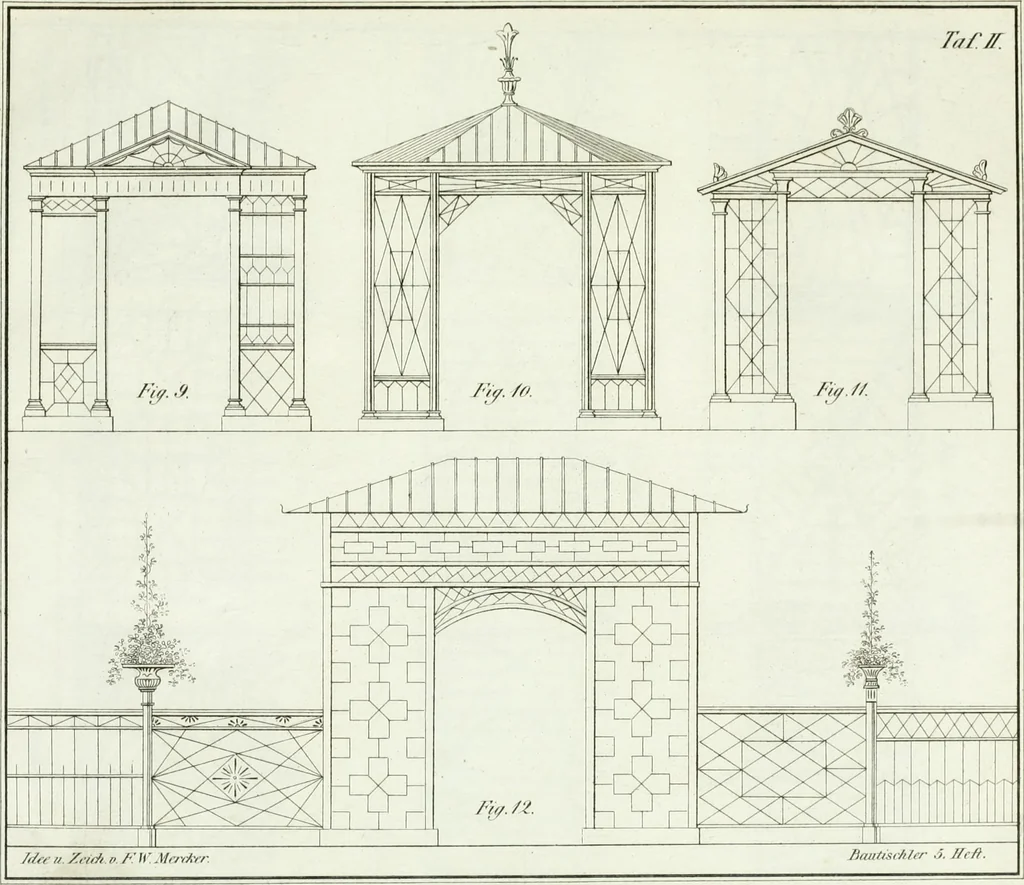 An illustration from Die Mappe des Bautischlers : oder, Ideen zu Thorwegen, Hausthüren, Doppelthüren, Vorsetzern, Stubenthüren, Gewölbethüren, Glasthüren, Bogen- und andern Fenstern, mit ihrem vergrössert dargestellten Grund- und Profilriss und dem beigefügten Maassstabe : zum Gebrauche für Architecten, Decorateurs, Baugewerken, Tischler, Glaser, Bildhauer und Freunde der Baukunst : mit besonderer Rücksicht auf leichte Ausführbarkeit der im Praktischen oft schwer zu hebenden Schwierigkeiten und auf die Anwendung bei alten, neu zu decorirenden Gebäuden : auch als Vorlegeblätter anwendbar, 1832, leaf 6