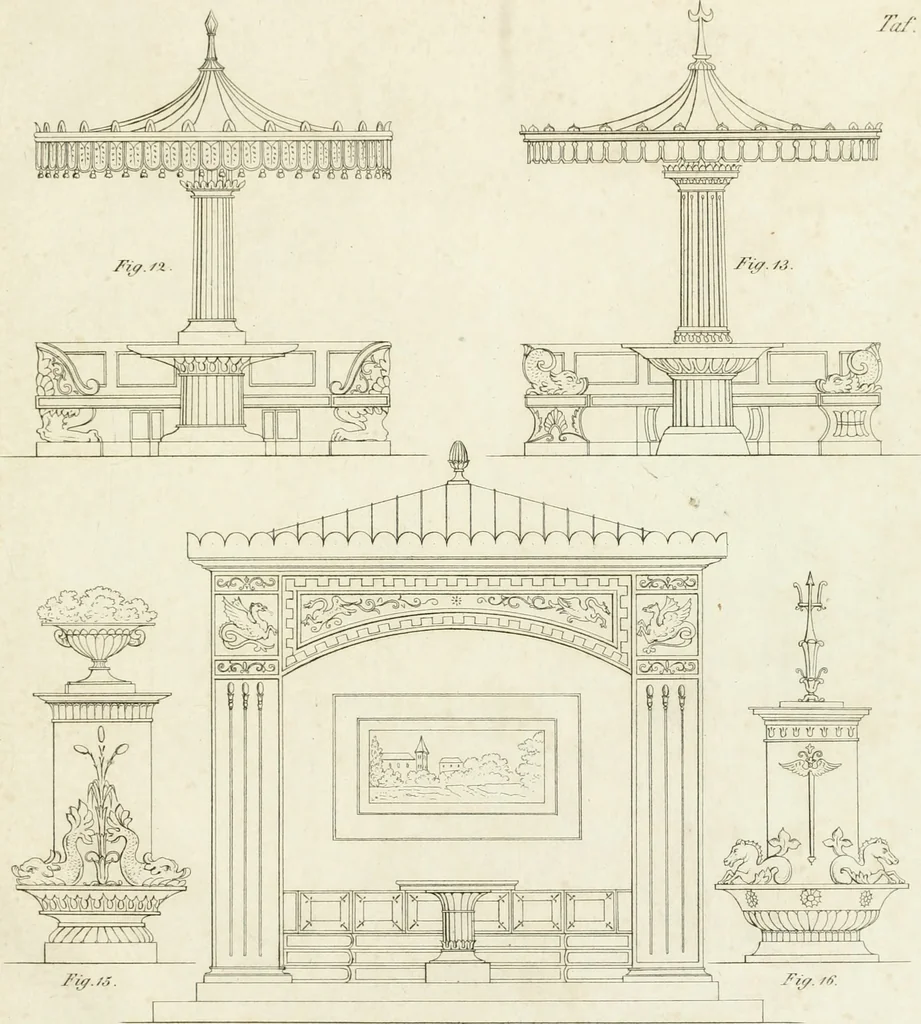 An illustration from Die Mappe des Bautischlers : oder, Ideen zu Thorwegen, Hausthüren, Doppelthüren, Vorsetzern, Stubenthüren, Gewölbethüren, Glasthüren, Bogen- und andern Fenstern, mit ihrem vergrössert dargestellten Grund- und Profilriss und dem beigefügten Maassstabe : zum Gebrauche für Architecten, Decorateurs, Baugewerken, Tischler, Glaser, Bildhauer und Freunde der Baukunst : mit besonderer Rücksicht auf leichte Ausführbarkeit der im Praktischen oft schwer zu hebenden Schwierigkeiten und auf die Anwendung bei alten, neu zu decorirenden Gebäuden : auch als Vorlegeblätter anwendbar, 1832, leaf 60