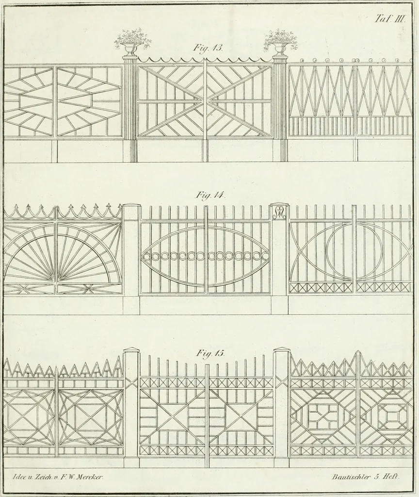 An illustration from Die Mappe des Bautischlers : oder, Ideen zu Thorwegen, Hausthüren, Doppelthüren, Vorsetzern, Stubenthüren, Gewölbethüren, Glasthüren, Bogen- und andern Fenstern, mit ihrem vergrössert dargestellten Grund- und Profilriss und dem beigefügten Maassstabe : zum Gebrauche für Architecten, Decorateurs, Baugewerken, Tischler, Glaser, Bildhauer und Freunde der Baukunst : mit besonderer Rücksicht auf leichte Ausführbarkeit der im Praktischen oft schwer zu hebenden Schwierigkeiten und auf die Anwendung bei alten, neu zu decorirenden Gebäuden : auch als Vorlegeblätter anwendbar, 1832, leaf 8