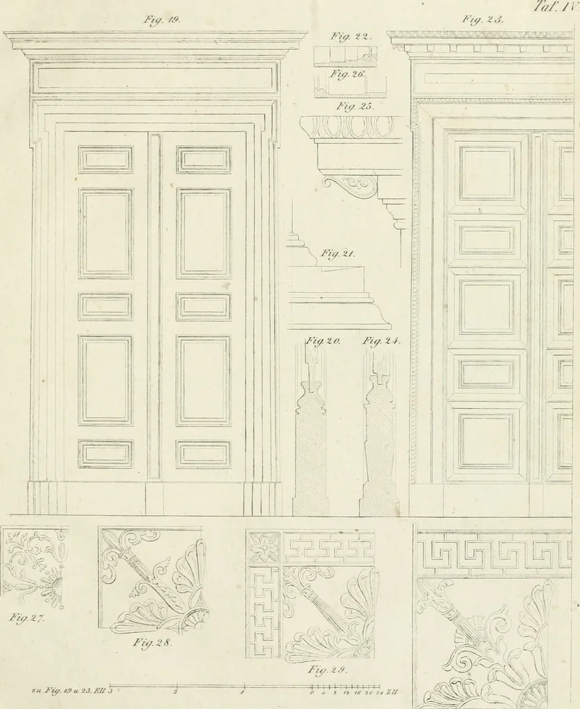 An illustration from Die Mappe des Bautischlers : oder, Ideen zu Thorwegen, Hausthüren, Doppelthüren, Vorsetzern, Stubenthüren, Gewölbethüren, Glasthüren, Bogen- und andern Fenstern, mit ihrem vergrössert dargestellten Grund- und Profilriss und dem beigefügten Maassstabe : zum Gebrauche für Architecten, Decorateurs, Baugewerken, Tischler, Glaser, Bildhauer und Freunde der Baukunst : mit besonderer Rücksicht auf leichte Ausführbarkeit der im Praktischen oft schwer zu hebenden Schwierigkeiten und auf die Anwendung bei alten, neu zu decorirenden Gebäuden : auch als Vorlegeblätter anwendbar, 1832, leaf 10