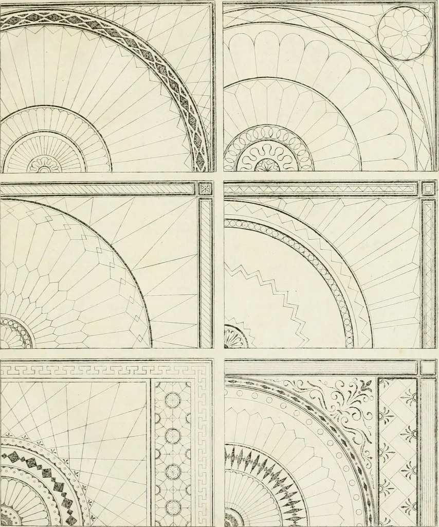 An illustration from Die Mappe des Bautischlers : oder, Ideen zu Thorwegen, Hausthüren, Doppelthüren, Vorsetzern, Stubenthüren, Gewölbethüren, Glasthüren, Bogen- und andern Fenstern, mit ihrem vergrössert dargestellten Grund- und Profilriss und dem beigefügten Maassstabe : zum Gebrauche für Architecten, Decorateurs, Baugewerken, Tischler, Glaser, Bildhauer und Freunde der Baukunst : mit besonderer Rücksicht auf leichte Ausführbarkeit der im Praktischen oft schwer zu hebenden Schwierigkeiten und auf die Anwendung bei alten, neu zu decorirenden Gebäuden : auch als Vorlegeblätter anwendbar, 1832, leaf 14