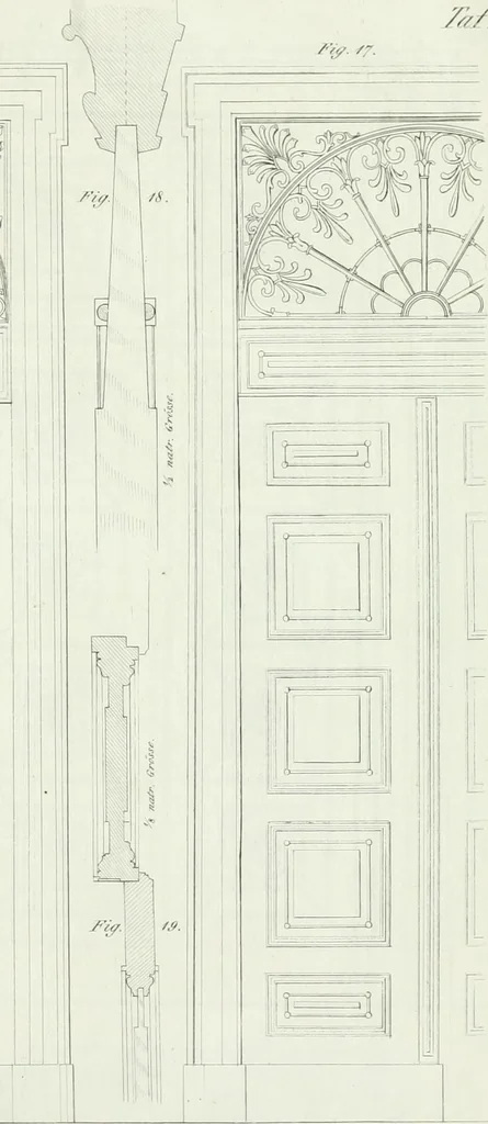 An illustration from Die Mappe des Bautischlers : oder, Ideen zu Thorwegen, Hausthüren, Doppelthüren, Vorsetzern, Stubenthüren, Gewölbethüren, Glasthüren, Bogen- und andern Fenstern, mit ihrem vergrössert dargestellten Grund- und Profilriss und dem beigefügten Maassstabe : zum Gebrauche für Architecten, Decorateurs, Baugewerken, Tischler, Glaser, Bildhauer und Freunde der Baukunst : mit besonderer Rücksicht auf leichte Ausführbarkeit der im Praktischen oft schwer zu hebenden Schwierigkeiten und auf die Anwendung bei alten, neu zu decorirenden Gebäuden : auch als Vorlegeblätter anwendbar, 1832, leaf 22