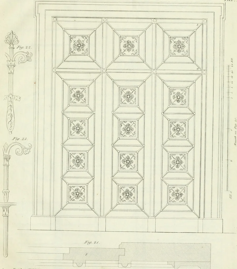 An illustration from Die Mappe des Bautischlers : oder, Ideen zu Thorwegen, Hausthüren, Doppelthüren, Vorsetzern, Stubenthüren, Gewölbethüren, Glasthüren, Bogen- und andern Fenstern, mit ihrem vergrössert dargestellten Grund- und Profilriss und dem beigefügten Maassstabe : zum Gebrauche für Architecten, Decorateurs, Baugewerken, Tischler, Glaser, Bildhauer und Freunde der Baukunst : mit besonderer Rücksicht auf leichte Ausführbarkeit der im Praktischen oft schwer zu hebenden Schwierigkeiten und auf die Anwendung bei alten, neu zu decorirenden Gebäuden : auch als Vorlegeblätter anwendbar, 1832, leaf 24