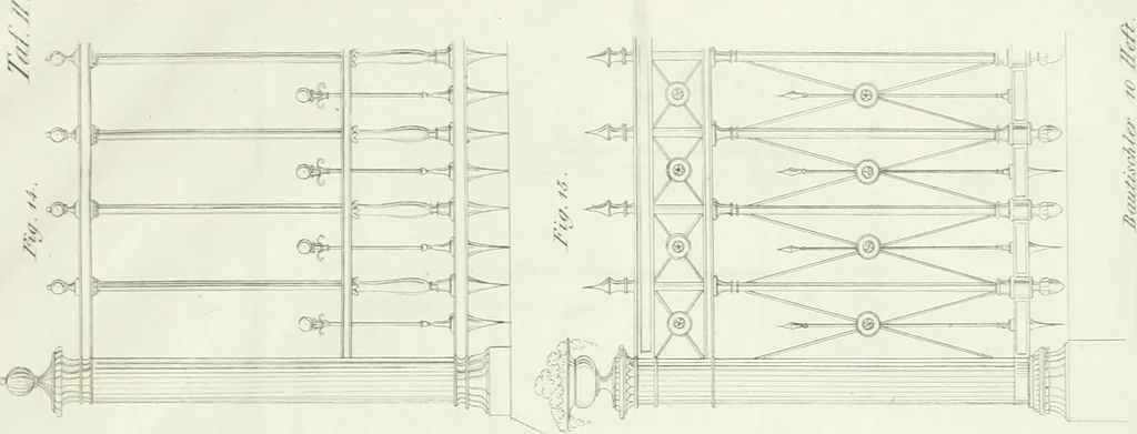 An illustration from Die Mappe des Bautischlers : oder, Ideen zu Thorwegen, Hausthüren, Doppelthüren, Vorsetzern, Stubenthüren, Gewölbethüren, Glasthüren, Bogen- und andern Fenstern, mit ihrem vergrössert dargestellten Grund- und Profilriss und dem beigefügten Maassstabe : zum Gebrauche für Architecten, Decorateurs, Baugewerken, Tischler, Glaser, Bildhauer und Freunde der Baukunst : mit besonderer Rücksicht auf leichte Ausführbarkeit der im Praktischen oft schwer zu hebenden Schwierigkeiten und auf die Anwendung bei alten, neu zu decorirenden Gebäuden : auch als Vorlegeblätter anwendbar, 1832, leaf 26