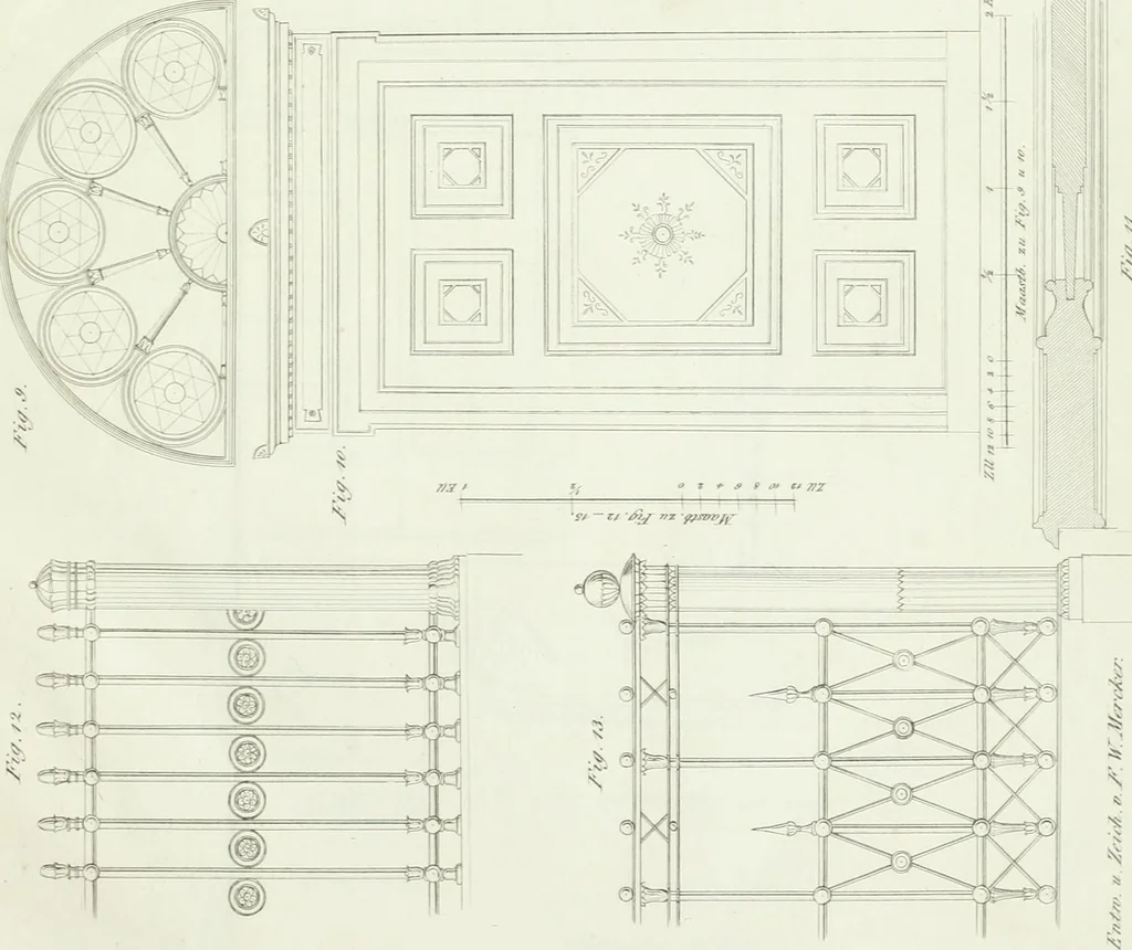 An illustration from Die Mappe des Bautischlers : oder, Ideen zu Thorwegen, Hausthüren, Doppelthüren, Vorsetzern, Stubenthüren, Gewölbethüren, Glasthüren, Bogen- und andern Fenstern, mit ihrem vergrössert dargestellten Grund- und Profilriss und dem beigefügten Maassstabe : zum Gebrauche für Architecten, Decorateurs, Baugewerken, Tischler, Glaser, Bildhauer und Freunde der Baukunst : mit besonderer Rücksicht auf leichte Ausführbarkeit der im Praktischen oft schwer zu hebenden Schwierigkeiten und auf die Anwendung bei alten, neu zu decorirenden Gebäuden : auch als Vorlegeblätter anwendbar, 1832, leaf 26