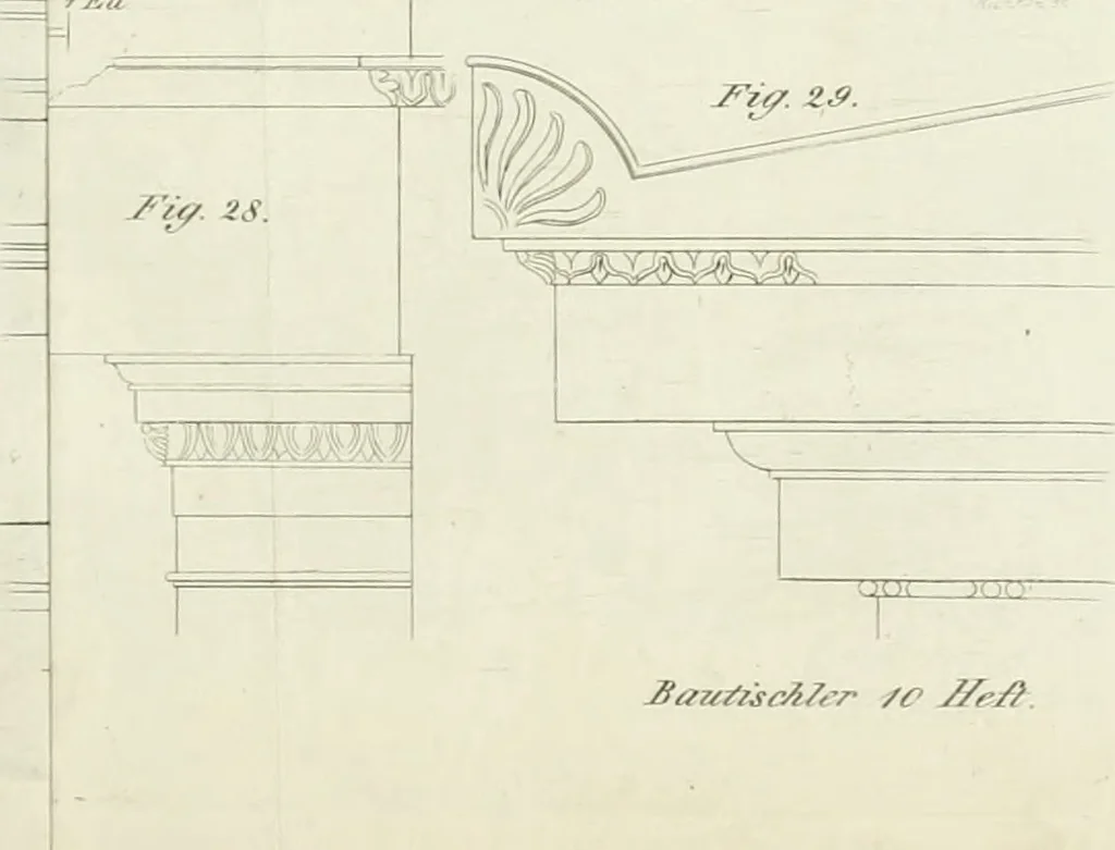 An illustration from Die Mappe des Bautischlers : oder, Ideen zu Thorwegen, Hausthüren, Doppelthüren, Vorsetzern, Stubenthüren, Gewölbethüren, Glasthüren, Bogen- und andern Fenstern, mit ihrem vergrössert dargestellten Grund- und Profilriss und dem beigefügten Maassstabe : zum Gebrauche für Architecten, Decorateurs, Baugewerken, Tischler, Glaser, Bildhauer und Freunde der Baukunst : mit besonderer Rücksicht auf leichte Ausführbarkeit der im Praktischen oft schwer zu hebenden Schwierigkeiten und auf die Anwendung bei alten, neu zu decorirenden Gebäuden : auch als Vorlegeblätter anwendbar, 1832, leaf 28