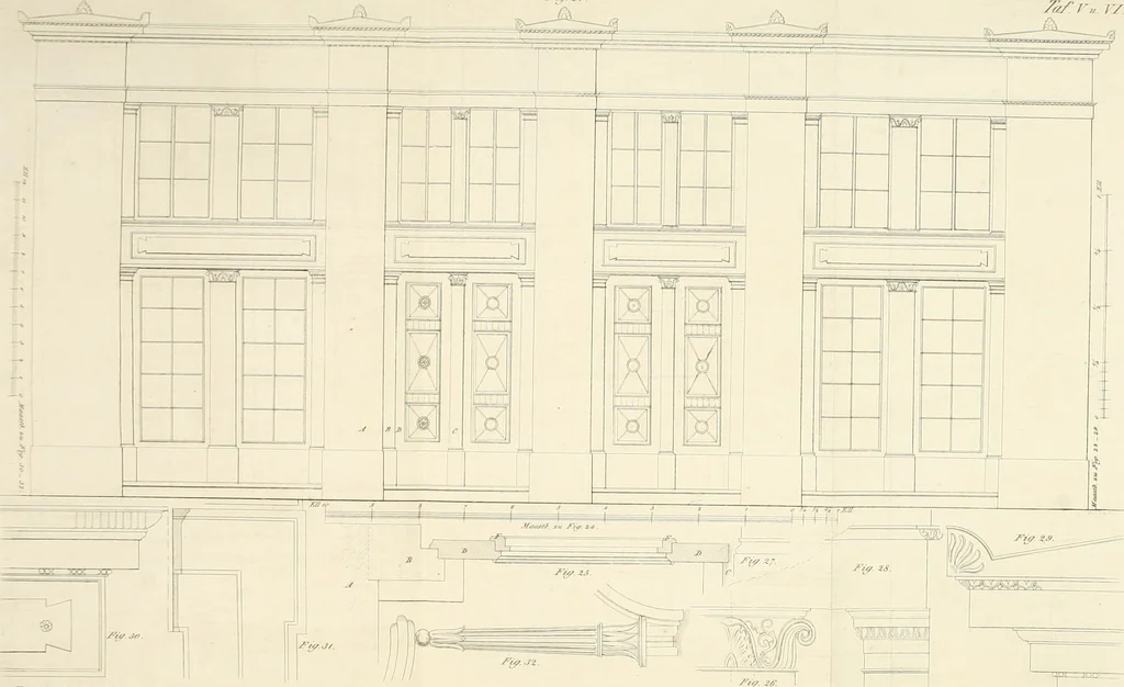 An illustration from Die Mappe des Bautischlers : oder, Ideen zu Thorwegen, Hausthüren, Doppelthüren, Vorsetzern, Stubenthüren, Gewölbethüren, Glasthüren, Bogen- und andern Fenstern, mit ihrem vergrössert dargestellten Grund- und Profilriss und dem beigefügten Maassstabe : zum Gebrauche für Architecten, Decorateurs, Baugewerken, Tischler, Glaser, Bildhauer und Freunde der Baukunst : mit besonderer Rücksicht auf leichte Ausführbarkeit der im Praktischen oft schwer zu hebenden Schwierigkeiten und auf die Anwendung bei alten, neu zu decorirenden Gebäuden : auch als Vorlegeblätter anwendbar, 1832, leaf 29