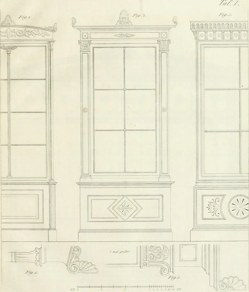 An illustration from Die Mappe des Bautischlers : oder, Ideen zu Thorwegen, Hausthüren, Doppelthüren, Vorsetzern, Stubenthüren, Gewölbethüren, Glasthüren, Bogen- und andern Fenstern, mit ihrem vergrössert dargestellten Grund- und Profilriss und dem beigefügten Maassstabe : zum Gebrauche für Architecten, Decorateurs, Baugewerken, Tischler, Glaser, Bildhauer und Freunde der Baukunst : mit besonderer Rücksicht auf leichte Ausführbarkeit der im Praktischen oft schwer zu hebenden Schwierigkeiten und auf die Anwendung bei alten, neu zu decorirenden Gebäuden : auch als Vorlegeblätter anwendbar, 1832, leaf 34