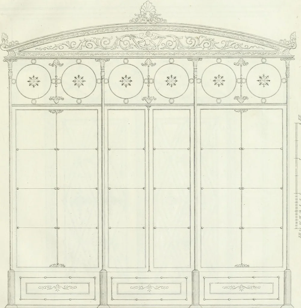 An illustration from Die Mappe des Bautischlers : oder, Ideen zu Thorwegen, Hausthüren, Doppelthüren, Vorsetzern, Stubenthüren, Gewölbethüren, Glasthüren, Bogen- und andern Fenstern, mit ihrem vergrössert dargestellten Grund- und Profilriss und dem beigefügten Maassstabe : zum Gebrauche für Architecten, Decorateurs, Baugewerken, Tischler, Glaser, Bildhauer und Freunde der Baukunst : mit besonderer Rücksicht auf leichte Ausführbarkeit der im Praktischen oft schwer zu hebenden Schwierigkeiten und auf die Anwendung bei alten, neu zu decorirenden Gebäuden : auch als Vorlegeblätter anwendbar, 1832, leaf 36