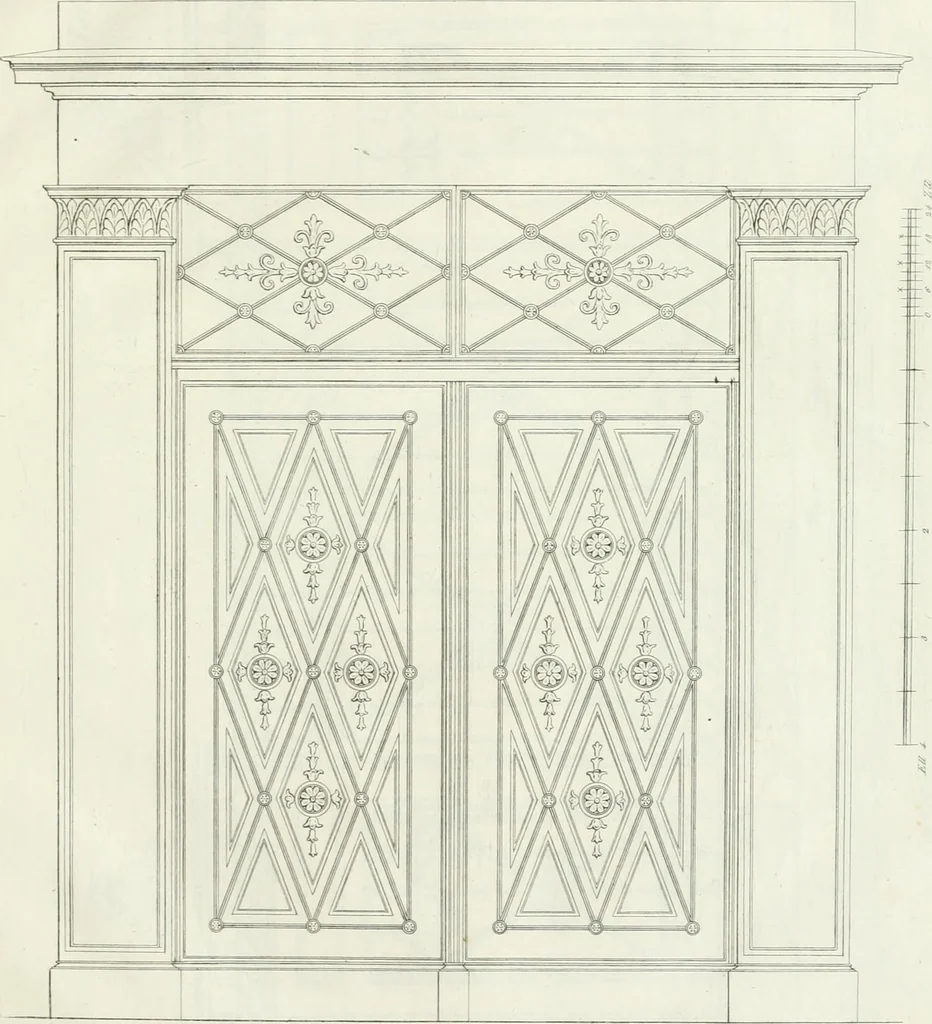 An illustration from Die Mappe des Bautischlers : oder, Ideen zu Thorwegen, Hausthüren, Doppelthüren, Vorsetzern, Stubenthüren, Gewölbethüren, Glasthüren, Bogen- und andern Fenstern, mit ihrem vergrössert dargestellten Grund- und Profilriss und dem beigefügten Maassstabe : zum Gebrauche für Architecten, Decorateurs, Baugewerken, Tischler, Glaser, Bildhauer und Freunde der Baukunst : mit besonderer Rücksicht auf leichte Ausführbarkeit der im Praktischen oft schwer zu hebenden Schwierigkeiten und auf die Anwendung bei alten, neu zu decorirenden Gebäuden : auch als Vorlegeblätter anwendbar, 1832, leaf 38