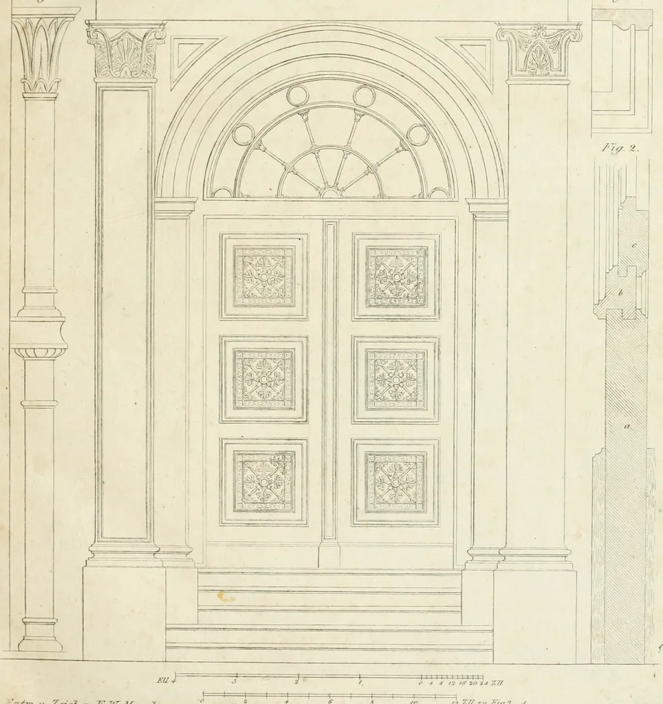 An illustration from Die Mappe des Bautischlers : oder, Ideen zu Thorwegen, Hausthüren, Doppelthüren, Vorsetzern, Stubenthüren, Gewölbethüren, Glasthüren, Bogen- und andern Fenstern, mit ihrem vergrössert dargestellten Grund- und Profilriss und dem beigefügten Maassstabe : zum Gebrauche für Architecten, Decorateurs, Baugewerken, Tischler, Glaser, Bildhauer und Freunde der Baukunst : mit besonderer Rücksicht auf leichte Ausführbarkeit der im Praktischen oft schwer zu hebenden Schwierigkeiten und auf die Anwendung bei alten, neu zu decorirenden Gebäuden : auch als Vorlegeblätter anwendbar, 1832, leaf 4