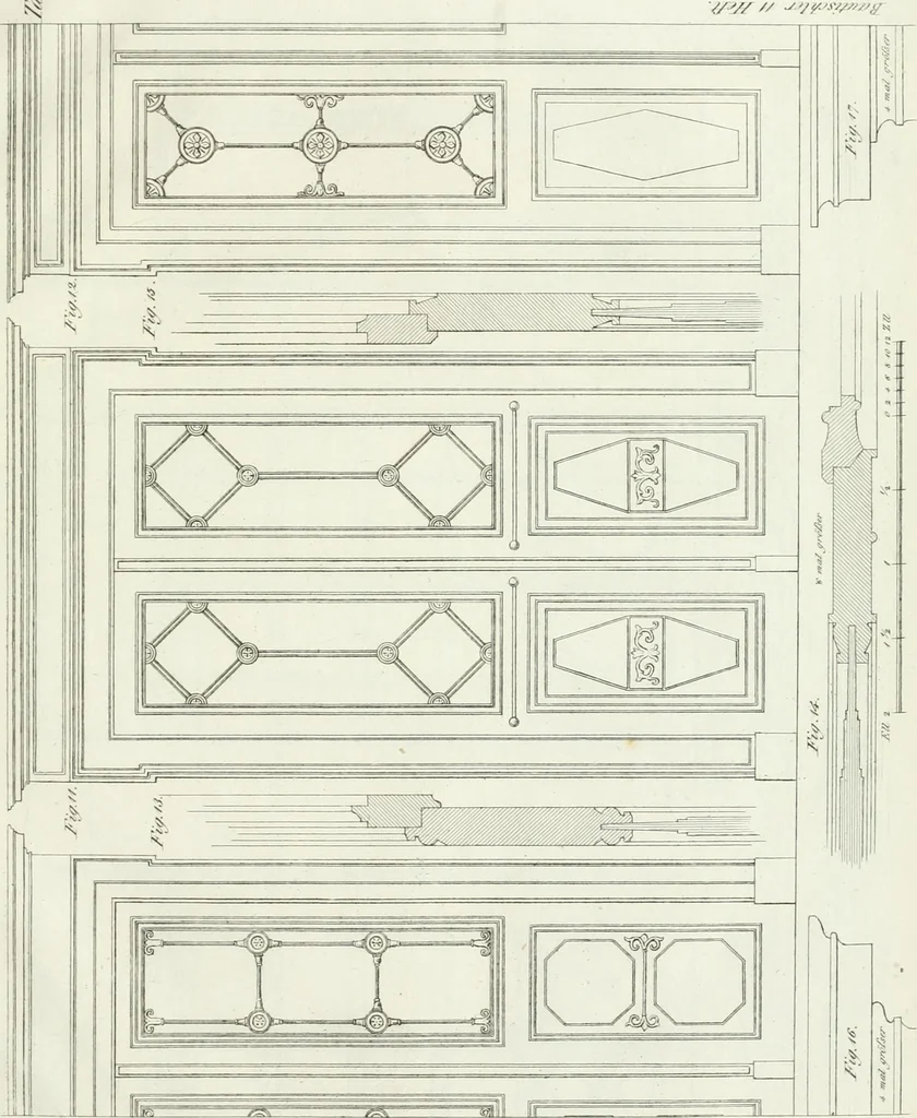 An illustration from Die Mappe des Bautischlers : oder, Ideen zu Thorwegen, Hausthüren, Doppelthüren, Vorsetzern, Stubenthüren, Gewölbethüren, Glasthüren, Bogen- und andern Fenstern, mit ihrem vergrössert dargestellten Grund- und Profilriss und dem beigefügten Maassstabe : zum Gebrauche für Architecten, Decorateurs, Baugewerken, Tischler, Glaser, Bildhauer und Freunde der Baukunst : mit besonderer Rücksicht auf leichte Ausführbarkeit der im Praktischen oft schwer zu hebenden Schwierigkeiten und auf die Anwendung bei alten, neu zu decorirenden Gebäuden : auch als Vorlegeblätter anwendbar, 1832, leaf 42