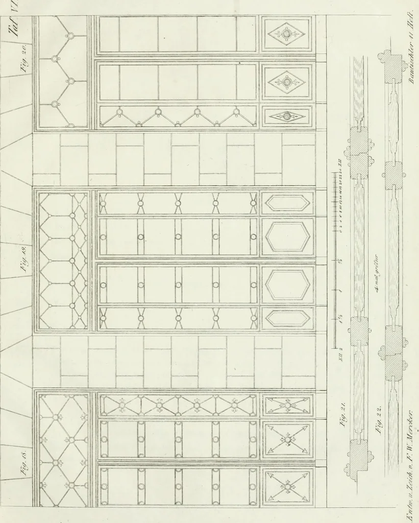 An illustration from Die Mappe des Bautischlers : oder, Ideen zu Thorwegen, Hausthüren, Doppelthüren, Vorsetzern, Stubenthüren, Gewölbethüren, Glasthüren, Bogen- und andern Fenstern, mit ihrem vergrössert dargestellten Grund- und Profilriss und dem beigefügten Maassstabe : zum Gebrauche für Architecten, Decorateurs, Baugewerken, Tischler, Glaser, Bildhauer und Freunde der Baukunst : mit besonderer Rücksicht auf leichte Ausführbarkeit der im Praktischen oft schwer zu hebenden Schwierigkeiten und auf die Anwendung bei alten, neu zu decorirenden Gebäuden : auch als Vorlegeblätter anwendbar, 1832, leaf 44