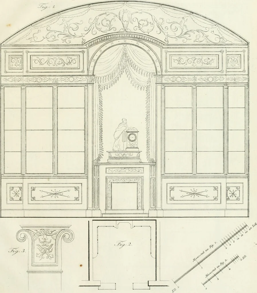 An illustration from Die Mappe des Bautischlers : oder, Ideen zu Thorwegen, Hausthüren, Doppelthüren, Vorsetzern, Stubenthüren, Gewölbethüren, Glasthüren, Bogen- und andern Fenstern, mit ihrem vergrössert dargestellten Grund- und Profilriss und dem beigefügten Maassstabe : zum Gebrauche für Architecten, Decorateurs, Baugewerken, Tischler, Glaser, Bildhauer und Freunde der Baukunst : mit besonderer Rücksicht auf leichte Ausführbarkeit der im Praktischen oft schwer zu hebenden Schwierigkeiten und auf die Anwendung bei alten, neu zu decorirenden Gebäuden : auch als Vorlegeblätter anwendbar, 1832, leaf 50