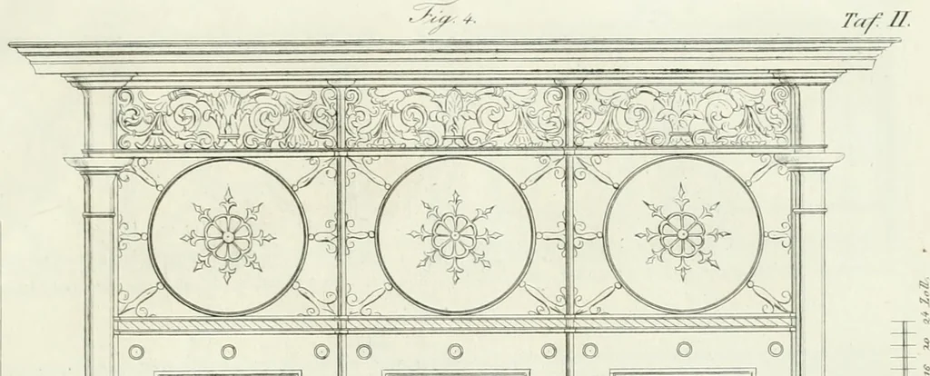 An illustration from Die Mappe des Bautischlers : oder, Ideen zu Thorwegen, Hausthüren, Doppelthüren, Vorsetzern, Stubenthüren, Gewölbethüren, Glasthüren, Bogen- und andern Fenstern, mit ihrem vergrössert dargestellten Grund- und Profilriss und dem beigefügten Maassstabe : zum Gebrauche für Architecten, Decorateurs, Baugewerken, Tischler, Glaser, Bildhauer und Freunde der Baukunst : mit besonderer Rücksicht auf leichte Ausführbarkeit der im Praktischen oft schwer zu hebenden Schwierigkeiten und auf die Anwendung bei alten, neu zu decorirenden Gebäuden : auch als Vorlegeblätter anwendbar, 1832, leaf 52