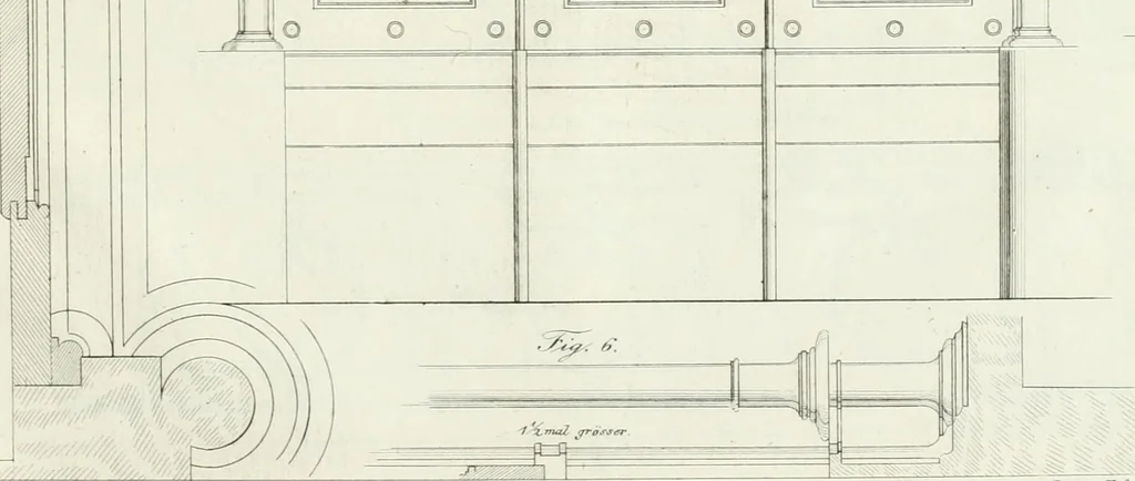 An illustration from Die Mappe des Bautischlers : oder, Ideen zu Thorwegen, Hausthüren, Doppelthüren, Vorsetzern, Stubenthüren, Gewölbethüren, Glasthüren, Bogen- und andern Fenstern, mit ihrem vergrössert dargestellten Grund- und Profilriss und dem beigefügten Maassstabe : zum Gebrauche für Architecten, Decorateurs, Baugewerken, Tischler, Glaser, Bildhauer und Freunde der Baukunst : mit besonderer Rücksicht auf leichte Ausführbarkeit der im Praktischen oft schwer zu hebenden Schwierigkeiten und auf die Anwendung bei alten, neu zu decorirenden Gebäuden : auch als Vorlegeblätter anwendbar, 1832, leaf 52