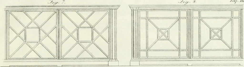 An illustration from Die Mappe des Bautischlers : oder, Ideen zu Thorwegen, Hausthüren, Doppelthüren, Vorsetzern, Stubenthüren, Gewölbethüren, Glasthüren, Bogen- und andern Fenstern, mit ihrem vergrössert dargestellten Grund- und Profilriss und dem beigefügten Maassstabe : zum Gebrauche für Architecten, Decorateurs, Baugewerken, Tischler, Glaser, Bildhauer und Freunde der Baukunst : mit besonderer Rücksicht auf leichte Ausführbarkeit der im Praktischen oft schwer zu hebenden Schwierigkeiten und auf die Anwendung bei alten, neu zu decorirenden Gebäuden : auch als Vorlegeblätter anwendbar, 1832, leaf 54