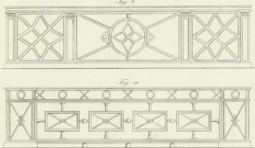 An illustration from Die Mappe des Bautischlers : oder, Ideen zu Thorwegen, Hausthüren, Doppelthüren, Vorsetzern, Stubenthüren, Gewölbethüren, Glasthüren, Bogen- und andern Fenstern, mit ihrem vergrössert dargestellten Grund- und Profilriss und dem beigefügten Maassstabe : zum Gebrauche für Architecten, Decorateurs, Baugewerken, Tischler, Glaser, Bildhauer und Freunde der Baukunst : mit besonderer Rücksicht auf leichte Ausführbarkeit der im Praktischen oft schwer zu hebenden Schwierigkeiten und auf die Anwendung bei alten, neu zu decorirenden Gebäuden : auch als Vorlegeblätter anwendbar, 1832, leaf 54