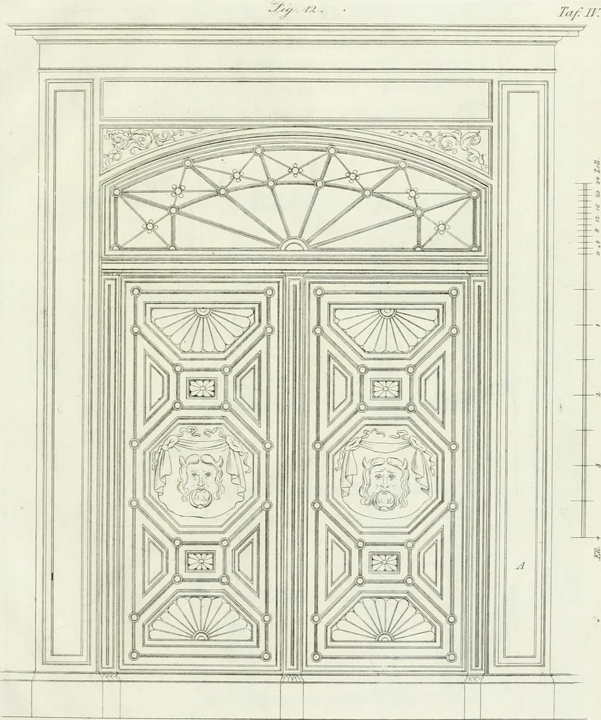 An illustration from Die Mappe des Bautischlers : oder, Ideen zu Thorwegen, Hausthüren, Doppelthüren, Vorsetzern, Stubenthüren, Gewölbethüren, Glasthüren, Bogen- und andern Fenstern, mit ihrem vergrössert dargestellten Grund- und Profilriss und dem beigefügten Maassstabe : zum Gebrauche für Architecten, Decorateurs, Baugewerken, Tischler, Glaser, Bildhauer und Freunde der Baukunst : mit besonderer Rücksicht auf leichte Ausführbarkeit der im Praktischen oft schwer zu hebenden Schwierigkeiten und auf die Anwendung bei alten, neu zu decorirenden Gebäuden : auch als Vorlegeblätter anwendbar, 1832, leaf 56
