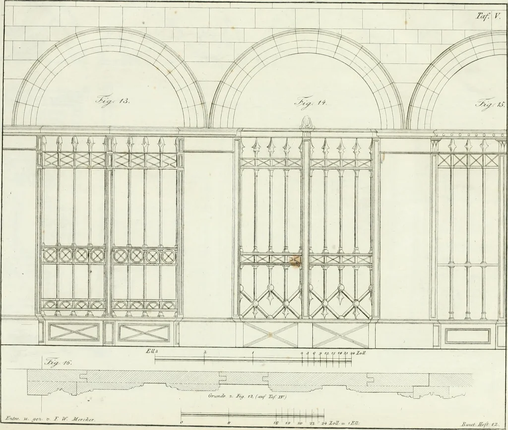 An illustration from Die Mappe des Bautischlers : oder, Ideen zu Thorwegen, Hausthüren, Doppelthüren, Vorsetzern, Stubenthüren, Gewölbethüren, Glasthüren, Bogen- und andern Fenstern, mit ihrem vergrössert dargestellten Grund- und Profilriss und dem beigefügten Maassstabe : zum Gebrauche für Architecten, Decorateurs, Baugewerken, Tischler, Glaser, Bildhauer und Freunde der Baukunst : mit besonderer Rücksicht auf leichte Ausführbarkeit der im Praktischen oft schwer zu hebenden Schwierigkeiten und auf die Anwendung bei alten, neu zu decorirenden Gebäuden : auch als Vorlegeblätter anwendbar, 1832, leaf 58