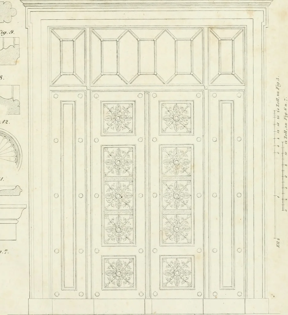 An illustration from Die Mappe des Bautischlers : oder, Ideen zu Thorwegen, Hausthüren, Doppelthüren, Vorsetzern, Stubenthüren, Gewölbethüren, Glasthüren, Bogen- und andern Fenstern, mit ihrem vergrössert dargestellten Grund- und Profilriss und dem beigefügten Maassstabe : zum Gebrauche für Architecten, Decorateurs, Baugewerken, Tischler, Glaser, Bildhauer und Freunde der Baukunst : mit besonderer Rücksicht auf leichte Ausführbarkeit der im Praktischen oft schwer zu hebenden Schwierigkeiten und auf die Anwendung bei alten, neu zu decorirenden Gebäuden : auch als Vorlegeblätter anwendbar, 1832, leaf 6