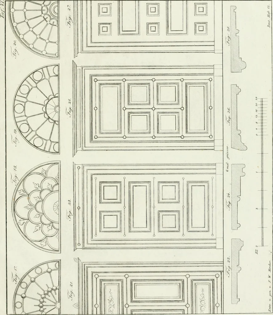 An illustration from Die Mappe des Bautischlers : oder, Ideen zu Thorwegen, Hausthüren, Doppelthüren, Vorsetzern, Stubenthüren, Gewölbethüren, Glasthüren, Bogen- und andern Fenstern, mit ihrem vergrössert dargestellten Grund- und Profilriss und dem beigefügten Maassstabe : zum Gebrauche für Architecten, Decorateurs, Baugewerken, Tischler, Glaser, Bildhauer und Freunde der Baukunst : mit besonderer Rücksicht auf leichte Ausführbarkeit der im Praktischen oft schwer zu hebenden Schwierigkeiten und auf die Anwendung bei alten, neu zu decorirenden Gebäuden : auch als Vorlegeblätter anwendbar, 1832, leaf 60