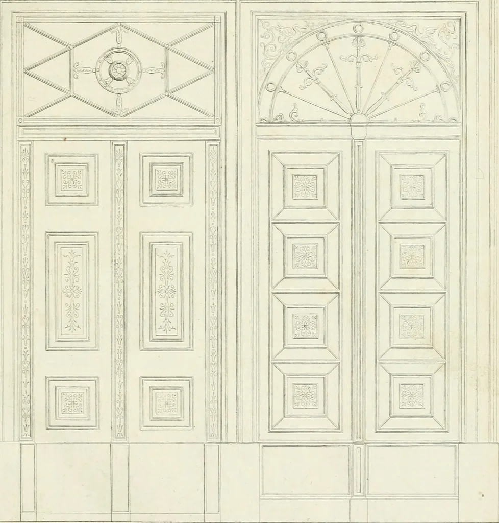 An illustration from Die Mappe des Bautischlers : oder, Ideen zu Thorwegen, Hausthüren, Doppelthüren, Vorsetzern, Stubenthüren, Gewölbethüren, Glasthüren, Bogen- und andern Fenstern, mit ihrem vergrössert dargestellten Grund- und Profilriss und dem beigefügten Maassstabe : zum Gebrauche für Architecten, Decorateurs, Baugewerken, Tischler, Glaser, Bildhauer und Freunde der Baukunst : mit besonderer Rücksicht auf leichte Ausführbarkeit der im Praktischen oft schwer zu hebenden Schwierigkeiten und auf die Anwendung bei alten, neu zu decorirenden Gebäuden : auch als Vorlegeblätter anwendbar, 1832, leaf 8