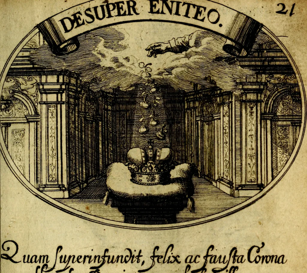 An illustration from Die mit teutschen Saiten überzogene, heilige Kron-Harffe, oder, Verfassung des gantzen Psalter Davids in teutsche Reim-Gebände : vermittelst sonderbarer darzu mit dem basso continuo, neu-verfertigter Kunst-Melodeyen ..., 1680, leaf 128