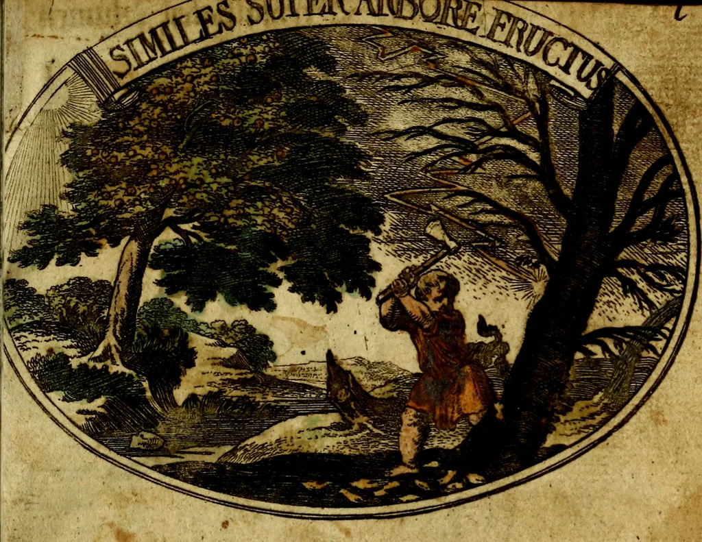 An illustration from Die mit teutschen Saiten überzogene, heilige Kron-Harffe, oder, Verfassung des gantzen Psalter Davids in teutsche Reim-Gebände : vermittelst sonderbarer darzu mit dem basso continuo, neu-verfertigter Kunst-Melodeyen ..., 1680, leaf 22